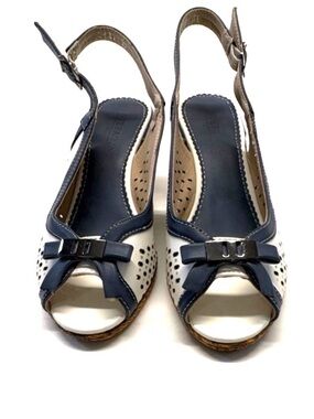 Women’s Navy& White Open-Toe Slingback Sandals with Bow Accent Made in Italy 8.5